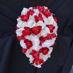 White and red bouquet, Real touch Rose, real touch calla, red fabric orchid teardrop, cascading bouquet, bridal bouquet