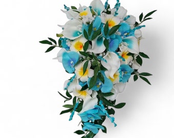 Beach wedding cascading bridal bouquet, calla lily, turquoise orchids, plumerias, Italian ruscus