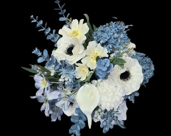 Dusty blue, white, anemone, rose, gesang, eucalyptus, thorn artificial flower bouquet