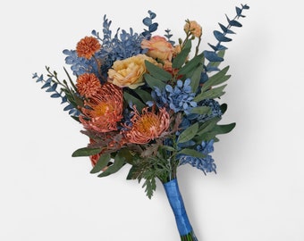 Dusty blue, peach, yellow bridal bouquet, artificial flowers, field flowers