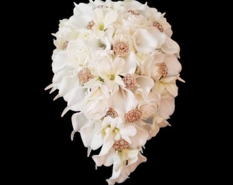 Ivory, cream cascading bridal bouquet, real touch calla lily, gold rhinestones, rose, orchid cascade bride bouquet with artificial flowers