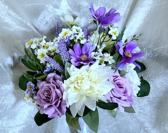 Lavender white bouquet, daisy, rose, gesang, dahlia, wild, field flower bouquet, artificial flowers, eucalyptus, italian ruscus