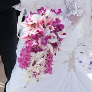 Orchid and lily cascading bouquet, tiger lily fuchsia pink orchid cascade bouquet, teardrop bouquet, orchid bridal bouquet