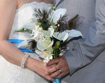 Calla lily orchid bridal bouquet, real touch faux calla bouquet, artificial calla lily bouquet, peacock feathers