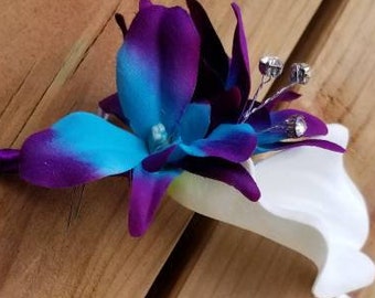 Calla lily purple turquoise blue orchid boutonniere, galaxy orchid and calla, button hole, corsage, dendrobium orchid calla lily