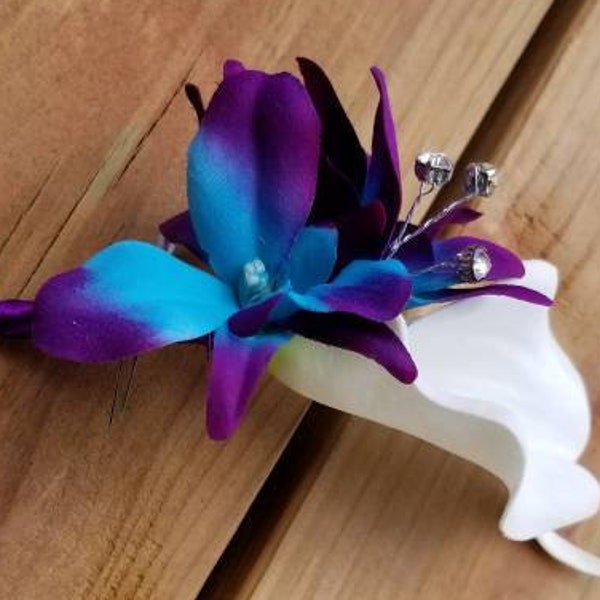 Calla lily purple turquoise blue orchid boutonniere, galaxy orchid and calla, button hole, corsage, dendrobium orchid calla lily