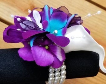 Real touch calla lily orchid pearl wristlet, galaxy orchid, purple, turquoise, corsage, purple corsage,purple blue orchid, singapore orchid