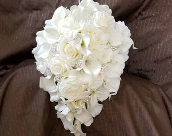 Ivory, cream cascading bridal bouquet, real touch calla lily, rose, orchid cascade bride bouquet with artificial flowers