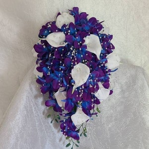 Galaxy orchid cascading bridal bouquet, purple blue orchids, artificial flowers