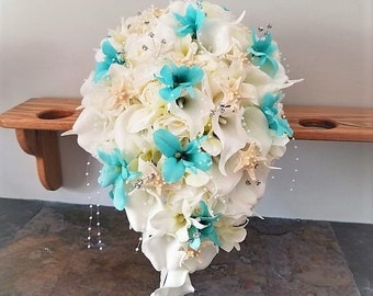 Ivory, aqua blue cascading bridal bouquet, calla lily, rose,  bridal bouquet with artificial flowers, silk flowers,real touch calla