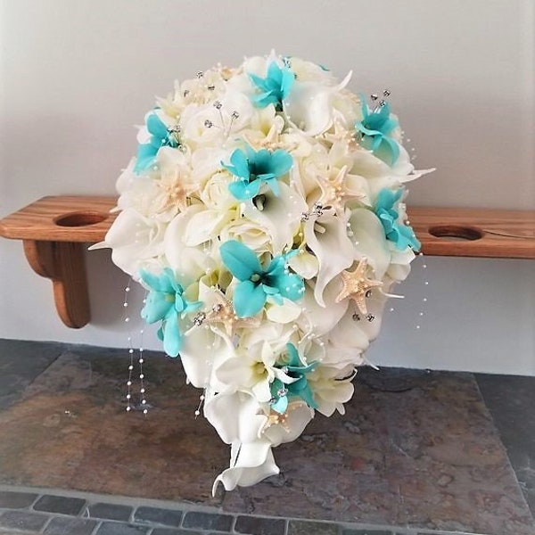 Ivory, aqua blue cascading bridal bouquet, calla lily, rose,  bridal bouquet with artificial flowers, silk flowers,real touch calla