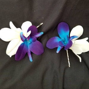2 Purple blue and white orchid hair pins, hair accessory, galaxy orchid hair pin, dendrobium orchid pin, bridal, bridesmaids hair pin