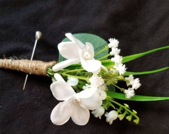 Eucalyptus boutonniere, baby's breath, artificial, botton hole, faux flower, lilies of the valley, stephanotis
