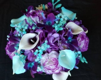 Purple hydrangea, turquoise teal bridal bouquet, Royal purple, galaxy orchids, carnations, artificial flower bouquet