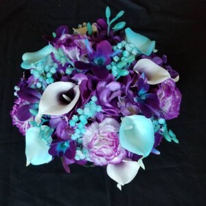 Purple hydrangea, turquoise teal bridal bouquet, Royal purple, galaxy orchids, carnations, artificial flower bouquet