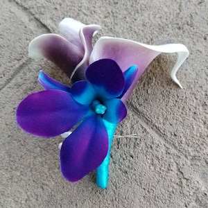 Picasso Calla lily galaxy orchid boutonniere, real touch calla lilies, purple blue orchid