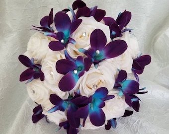 Rose and galaxy orchid bridal bouquet, silk rose, purple blue orchid, posy bouquet, island orchid, artificial flowers