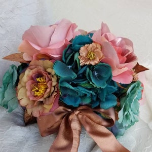 Copper, teal, peach, pink wedding bouquet, bridal bouquet, artificial flowers