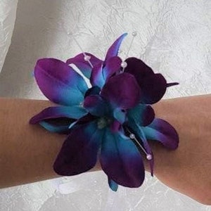 Galaxy orchidee polscorsage, turquoise en paarse zijden orchideeëncorsage, bruidsmeisje
