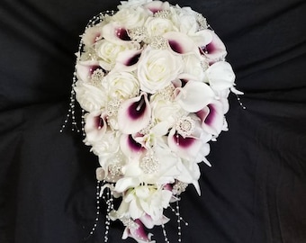 Ivory cascading bouquet with real touch, silk roses, callas, orchids, rhinestones brooch, pearl garland, artificial, bride, purple calla