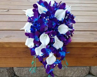 Cascading Galaxy orchid bridal bouquet, purple blue island orchid bouquet, white real touch calla lilies, royal blue