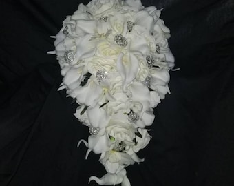 Ivory, cream cascading bridal bouquet, real touch calla lily, rose, orchid cascade bride bouquet with artificial flowers