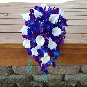 Cascading Galaxy orchid bridal bouquet, purple blue island orchid bouquet, white real touch calla lilies, royal blue
