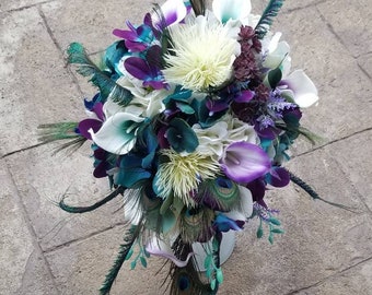 Purple, teal, peacock bridal bouquet, cascading artificial flower bouquet, picasso calla bouquet