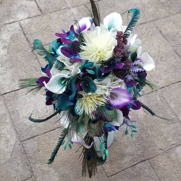 Purple, teal, peacock bridal bouquet, cascading artificial flower bouquet, picasso calla bouquet
