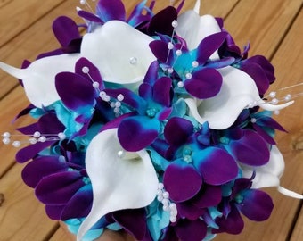 Galaxy orchid artificial flower bouquet, purple blue, turquoise bridesmaids bouquet, small bridal bouquet, toss away bouquet