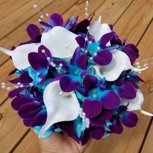 Galaxy orchid artificial flower bouquet, purple blue, turquoise bridesmaids bouquet, small bridal bouquet, toss away bouquet