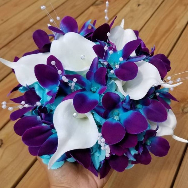 Bouquet de fleurs artificielles orchidée galaxie, bleu violet, bouquet de demoiselles d'honneur turquoise, petit bouquet de la mariée, bouquet à jeter