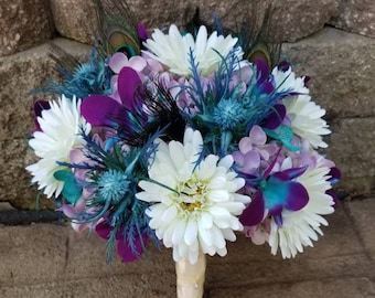 Galaxy orchidee, gerbera madeliefje, distel, paars blauwgroen kunstbloemboeket
