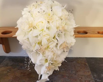 Ivory, cream cascading bridal bouquet, calla lily, rose, orchid cascade bride bouquet with artificial flowers, silk flowers,real touch calla