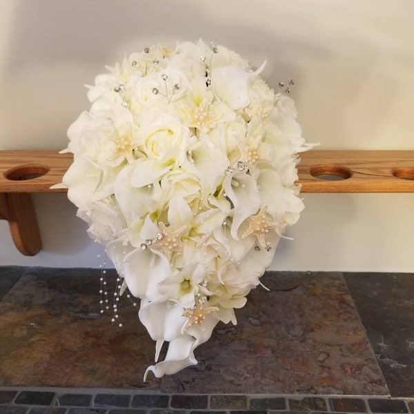 Ivory, cream cascading bridal bouquet, calla lily, rose, orchid cascade bride bouquet with artificial flowers, silk flowers,real touch calla