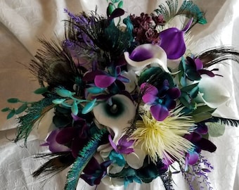 Purple, teal, peacock bridal bouquet, round, cascading artificial flower bouquet, picasso calla bouquet