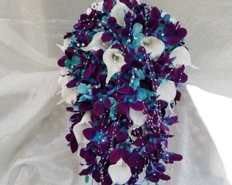 Galaxy orchid cascading bridal bouquet, purple blue orchids, artificial flowers