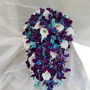 Galaxy orchid cascading bridal bouquet, purple blue orchids, artificial flowers