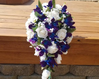 Cascading, teardrop bouquet, bridal bouquet,rose and galaxy purple blue orchids with babys breath, rustic country bouquet