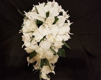 Cascading, teardrop artificial real touch calla and rose bouquet, rustic country wedding, off white, white flowers