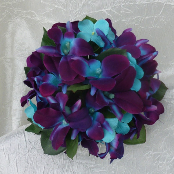Galaxy orchidée, coton bleu, bouquet de demoiselles d’honneur turquoise, petit bouquet de la mariée, toss bouquet away