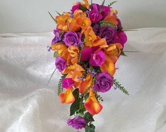 Purple, orange, cascading bridal bouquet, artificial flowers, orchid, calla, real touch flowera