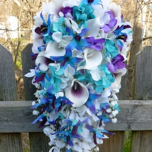 Cascading Purple blue dendrobium orchid bouquet, turquoise hydrangeas, wisterias, picasso calla lilies