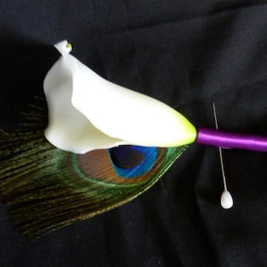 May include: A white calla lily flower with a green stem and a peacock feather, attached to a purple ribbon with a pin.