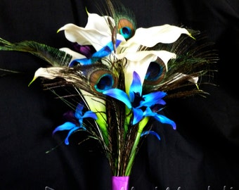 Calla lily galaxy orchid bouquet with peacock feathers, real touch calla lilies, artificial bouquet
