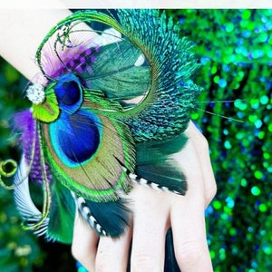 Peacock wrist corsage, teal and purple feather corsage