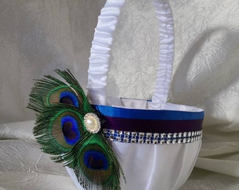 Flower girl basket, customizable, peacock feather purple blue basket