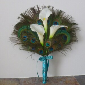 Calla Lily Peacock Bridal Bouquet, Bridesmaids Bouquet, Peacock Feather ...