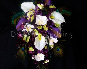 Plum purple cascading bouquet, white and plum calla liles,  hydrangeas, orchids, lime green accent,  eggplant purple bouquet