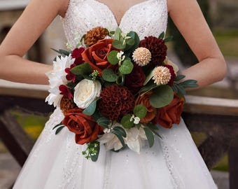 Autumn wedding bouquet, Fall bridal ceremony flowers,  terracotta, cream, burgundy bride bouquet, burnt orange, deep red, artificial  faux